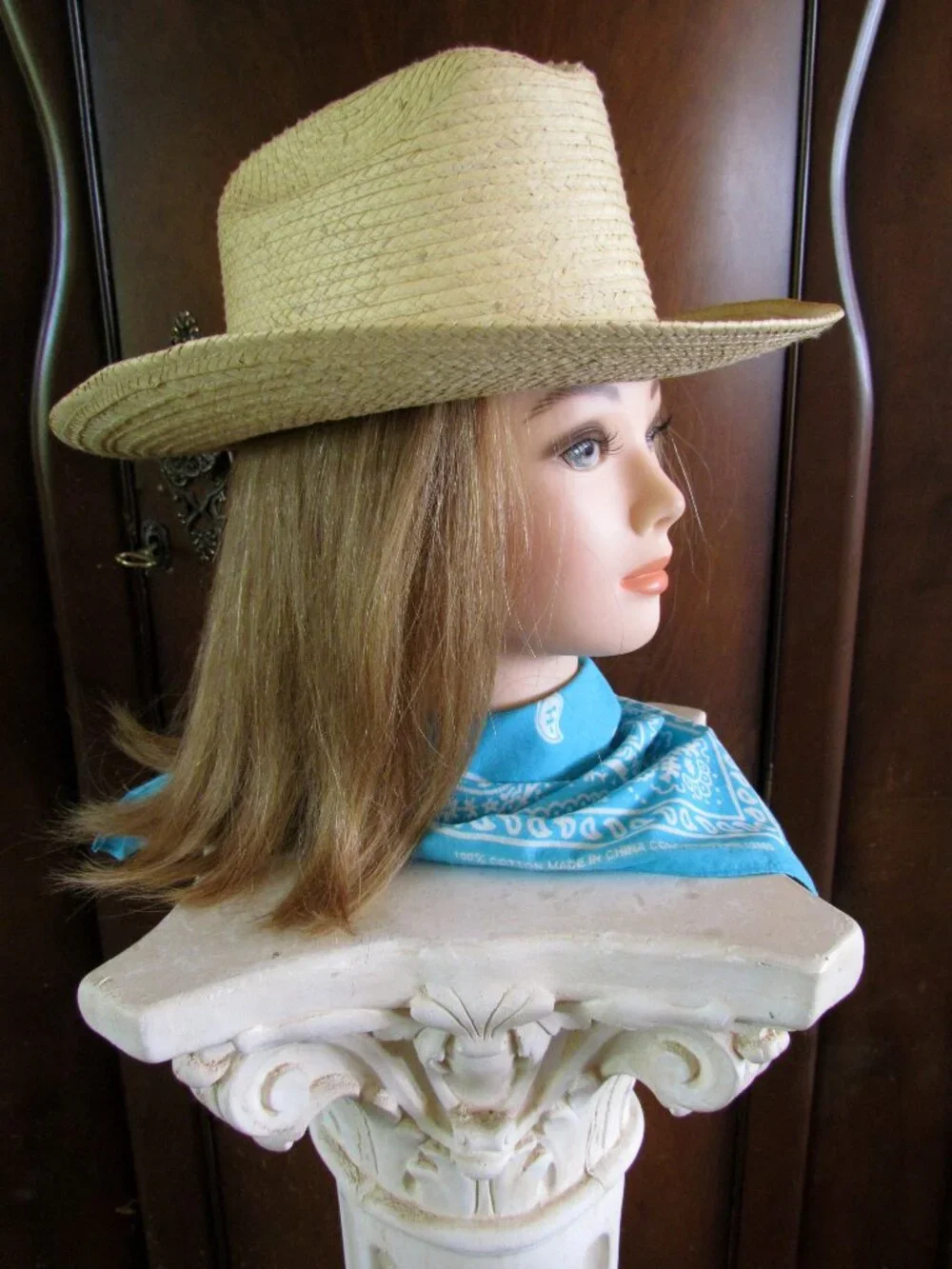 COWGIRL HAT & BANDANA, S, STAY-ON TYPE, BLONDE STRAW; TURQUOISE SCARF, FESTIVAL - Picture 4 of 8